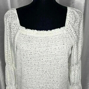 Grace+Karma Womens 1X White Pierced Ruched Stretch Puffy Long Sleeve Top